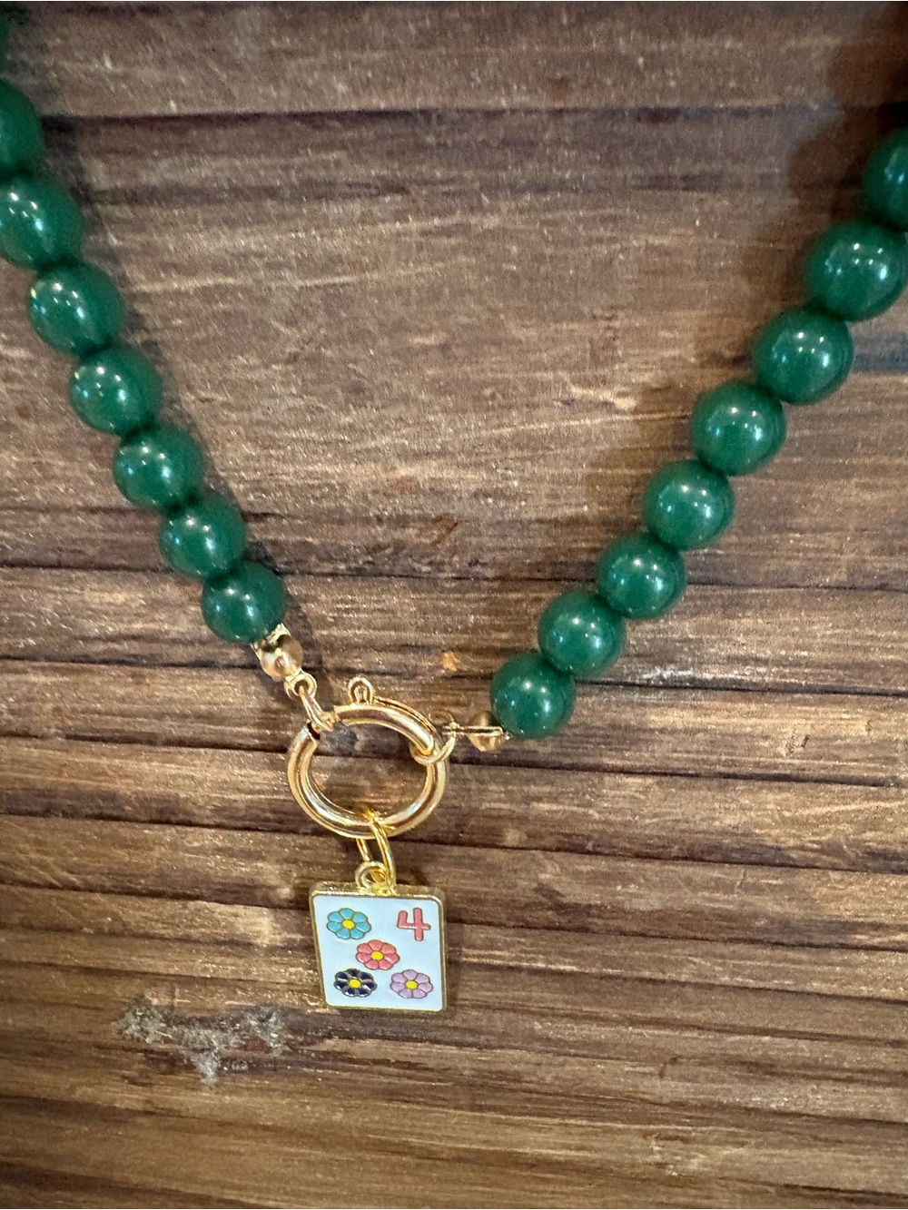 Gold and Green Beaded Necklace with Floral Charmfor all the Mahjong lovers!